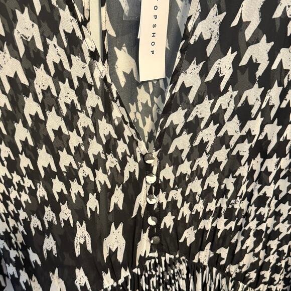 Topshop Black and White Houndstooth Tie Neck Semi Sheer Flowy Midi Dress Size 8 - Picture 13 of 13